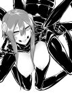  1girl absurdres arachne arthropod_girl breasts completely_nude extra_eyes greyscale highres large_breasts looking_at_viewer monochrome monster_girl nakamura_regura nipples nude original sidelocks simple_background smile solo spider_girl taur white_background 