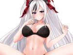  1girl abc_(type5_labyrith) azur_lane black_bra black_hair bra breasts cleavage elbe_(azur_lane) eyebrows_visible_through_hair finger_to_cheek hair_ribbon large_breasts looking_at_viewer multicolored_hair navel purple_eyes red_ribbon ribbon solo spread_legs squatting streaked_hair two-tone_hair underwear white_hair 