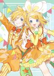  :o arm_up blonde_hair blue_eyes booota brother_and_sister commentary_request detached_sleeves feet_out_of_frame frilled_sleeves frills grin hair_ornament hairclip hand_to_own_mouth headphones highres jacket kagamine_len kagamine_rin long_sleeves nail_polish one_eye_closed open_clothes open_jacket open_mouth orange_jacket orange_shorts orange_skirt outstretched_arms pantyhose pennant puffy_shorts shirt shorts siblings skirt smile star_(symbol) star_hair_ornament string_of_flags striped striped_legwear striped_vest teeth twins upper_teeth vertical-striped_legwear vertical-striped_vest vertical_stripes vest vocaloid white_legwear white_shirt yellow_nails yellow_sleeves 