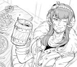  1girl au_ra bb_(baalbuddy) closed_mouth commentary commission english_commentary food greyscale hairband highres holding horns jacket long_hair looking_at_viewer monochrome one_eye_closed original scales shirt smile solo tankard 