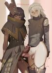  2boys arms_behind_back blush cloak cum cum_on_penis cum_string dark-skinned_male dark_skin erection fur_collar heart heart-shaped_pupils highres mask mask_on_head masked_king multiple_boys nier nier_(series) nier_(young) no_pants pale_skin panties penis samsara_(shuukeura) silver_hair standing symbol-shaped_pupils testicles underwear yaoi 