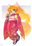  alcohol anthro aruurara asian_clothing beverage braided_hair can canid canine clothing container drinks_can east_asian_clothing facial_markings fangs female footwear fox fur green_eyes hair head_markings hi_res japanese_clothing kimono looking_at_viewer mammal markings orange_body orange_fur orange_hair sandals smile solo strong_zero 