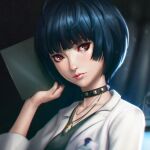  1girl blue_hair choker commentary english_commentary face holding ilya_kuvshinov_(style) labcoat looking_at_viewer persona persona_5 red_eyes rotisusu short_hair solo takemi_tae 