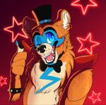 2022 abstract_background anthro black_nose blue_body blue_eyes blue_fur bodypaint bow_tie bracelet clothing detailed ear_piercing ear_ring face_paint fangs five_nights_at_freddy&#039;s five_nights_at_freddy&#039;s:_security_breach fur gesture glamrock_freddy_(fnaf) gums happy hat headgear headwear jewelry looking_at_viewer male mammal multicolored_body multicolored_ears multicolored_fur nude nude_anthro nude_male one_eye_closed open_mouth orange_body orange_ears orange_fur pawpads paws piercing plaguedogs123 portrait pupils raised_arm red_background rockstar round_ears scottgames sharp_teeth shoulder_guards simple_background slit_pupils smile smiling_at_viewer solo spiked_bracelet spikes standing star tan_body tan_ears tan_fur teeth thumbs_up tongue toony top_hat ursid video_games 