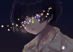  1boy androgynous black_hair crescent glowing highres jewelry looking_to_the_side mole mole_under_eye multiple_moles necklace original pale_skin purple_eyes solo star_(sky) star_(symbol) tsubaki_tsubaru 