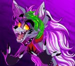  2022 abstract_background anthro big_ears black_nose breasts canid canine canis claws clothed clothing collar detailed devil_horns_(gesture) ear_piercing ear_ring eyelashes facial_markings fangs female five_nights_at_freddy&#039;s five_nights_at_freddy&#039;s:_security_breach fur gesture glowing glowing_eyes green_hair grey_body grey_ears grey_fur hair happy head_markings long_hair looking_at_viewer mammal markings multicolored_body multicolored_ears multicolored_fur multicolored_hair open_mouth pawpads paws piercing plaguedogs123 portrait pose pupils purple_background rockstar roxanne_wolf_(fnaf) scottgames sharp_claws sharp_teeth shirt shoulder_guards simple_background slit_pupils smile solo spiked_collar spikes standing teeth tongue toony topwear video_games white_body white_ears white_fur white_hair wolf yellow_eyes 