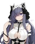  1girl absurdres artist_name august_von_parseval_(azur_lane) august_von_parseval_(the_conquered_unhulde)_(azur_lane) azur_lane bare_shoulders between_breasts breasts cleavage commentary cross-laced_dress curled_horns dated dress hair_over_one_eye hakuashiro highres horns large_breasts long_hair maid mechanical_horns official_alternate_costume one_eye_covered purple_eyes purple_hair simple_background sleeveless sleeveless_dress solo strap_between_breasts two-tone_dress upper_body white_background 
