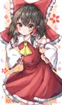  1girl absurdres ascot bare_shoulders black_hair blush bow brown_eyes closed_mouth detached_sleeves eyebrows_visible_through_hair feet_out_of_frame hair_between_eyes hair_bow hair_tubes hakurei_reimu highres japanese_clothes kayon_(touzoku) nontraditional_miko pout red_bow red_skirt ribbon-trimmed_sleeves ribbon_trim short_hair sidelocks skirt solo touhou wide_sleeves yellow_ascot 