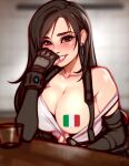  1girl artist_name black_hair blush blushy-pixy breasts censored clothes_pull commentary crop_top cup dangle_earrings drinking_glass earrings elbow_pads final_fantasy final_fantasy_vii final_fantasy_vii_remake fingerless_gloves gloves italian_flag italian_senate_porn_livestream jewelry large_breasts long_hair looking_at_viewer red_eyes shot_glass signature sitting smile solo suspenders tank_top tifa_lockhart undershirt white_tank_top 
