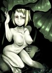  1girl breasts breasts_apart closed_mouth completely_nude frog_girl frown green_hair green_theme hand_up highres leaf looking_at_viewer medium_breasts medium_hair monster_girl nakamura_regura navel nipples nude original red_eyes soaking_feet solo spot_color webbed_feet webbed_hands 