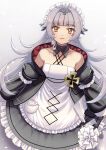  1girl azur_lane bare_shoulders black_collar black_dress black_jacket breasts collar cross detached_collar dress eyebrows_visible_through_hair frilled_dress frills from_above grey_background grey_hair hair_ornament hairpin highres iron_cross jacket layered_dress long_hair looking_at_viewer looking_up maid maid_headdress official_alternate_costume radobit425 simple_background sleeveless sleeveless_dress small_breasts solo very_long_hair white_dress yellow_eyes z46_(azur_lane) z46_(chronicles_of_the_dust_war)_(azur_lane) 