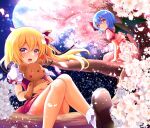  2girls :d arm_support asymmetrical_hair bangs bat_wings black_footwear blonde_hair blush bow branch cherry_blossoms closed_mouth commentary_request crystal dress eyelashes falling_petals flandre_scarlet frills full_moon hair_bow happy in_tree knees light_purple_hair looking_at_viewer mary_janes moon multiple_girls night no_hat no_headwear object_hug one_side_up open_mouth outdoors petals pink_dress puffy_short_sleeves puffy_sleeves red_bow red_ribbon remilia_scarlet ribbon rimu_(kingyo_origin) shiny shiny_hair shoes short_hair short_sleeves siblings sisters sitting sitting_in_tree smile socks stuffed_animal stuffed_toy teddy_bear touhou tree white_legwear wings 