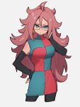  1girl android_21 blue_eyes breasts checkered_clothes checkered_dress closed_mouth dragon_ball dragon_ball_fighterz dress earrings glasses grey_background hair_between_eyes hand_on_hip hoop_earrings jewelry kemachiku long_hair looking_at_viewer medium_breasts red_hair simple_background solo 