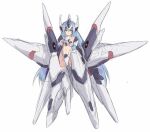  1girl blue_hair closed_mouth headgear karukan_(monjya) long_hair looking_at_viewer mecha_musume navel simple_background solo very_long_hair white_background xenogears xenogears_(mecha) yellow_eyes 