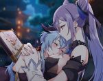  2girls bare_shoulders blue_hair blurry blurry_background breasts cloud detached_sleeves earrings fingernails ganyu_(genshin_impact) genshin_impact goat_horns hair_cones horns jewelry keqing_(genshin_impact) keqing_(opulent_splendor)_(genshin_impact) large_breasts long_hair multiple_girls nail_polish negom night night_sky official_alternate_costume outdoors purple_hair purple_nails sky sleeping twintails yuri 