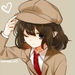  1girl beige_background brown_eyes brown_hair brown_headwear brown_jacket cabbie_hat closed_mouth collared_shirt flat_cap hat heart highres holding holding_clothes holding_hat jacket kanta_(pixiv9296614) necktie no_wings one_eye_closed pointy_ears red_necktie shameimaru_aya shameimaru_aya_(newsboy) shirt short_hair simple_background smile suit_jacket touhou upper_body white_shirt 