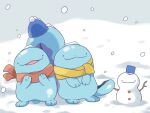  :3 animal animal_focus blue_headwear closed_mouth commentary_request friends hat kana_(maple926) leaning_on_person no_humans open_mouth orange_scarf pokemon pokemon_(creature) quagsire scarf smile snow snowing snowman standing yellow_scarf 
