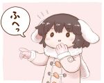  1girl animal_ears bangs black_eyes black_hair blush buttons coat commentary floppy_ears fur-trimmed_scarf gloves inaba_tewi long_sleeves notice_lines outside_border pink_background pink_gloves pointing_to_the_side poronegi rabbit_ears scarf short_hair simple_background solid_oval_eyes solo standing touhou translation_request upper_body white_scarf winter_clothes winter_coat 