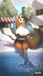  absurd_res big_breasts black_hair breasts canid canine chai clothing curvy_figure female fox hair hi_res huge_breasts hyper hyper_breasts jotunkottr mammal nipple_slip nipples red_fox solo stretching swimming swimming_pool swimwear thick_thighs wide_hips 