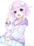 1girl absurdres bangs bimmy blush choker d-pad d-pad_hair_ornament eyebrows_visible_through_hair hair_between_eyes hair_ornament highres hood hoodie looking_at_viewer neptune_(neptune_series) neptune_(series) open_mouth purple_eyes purple_hair short_hair sidelocks simple_background smile solo white_hoodie 