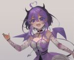  1girl absurdres ahoge bandaid bandaid_on_nose bangs black_choker black_hair blue_hair breasts choker cleavage collarbone detached_sleeves dress eyebrows_visible_through_hair grey_background heart_hair highres horns indie_virtual_youtuber jadelin looking_down medium_breasts multicolored_hair open_hand purple_dress purple_hair smile solo spanish_commentary streaked_hair virtual_youtuber yeeinoo 