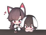  2girls animal_ears bangs black_hair brown_hair closed_mouth coffee_pot crossed_arms eyebrows_visible_through_hair floppy_ears heart hh highres holding imaizumi_kagerou inaba_tewi long_hair looking_down multiple_girls open_mouth pouring rabbit_ears red_eyes short_hair simple_background smile touhou upper_body white_background wolf_ears 