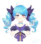  1girl ahoge bangs bare_shoulders black_bow black_dress blue_eyes blue_hair bow breasts collarbone crossed_arms detached_sleeves dress drill_hair dymao gwen_(league_of_legends) hair_bow heterochromia highres league_of_legends long_hair looking_at_viewer pink_eyes puffy_short_sleeves puffy_sleeves shiny shiny_hair short_sleeves smile solo strapless strapless_dress translation_request twin_drills 