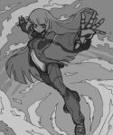  1girl :t bangs blunt_bangs bodysuit bone_nig breasts commentary_request from_above full_body gloves greyscale highres kula_diamond long_hair long_sleeves looking_at_viewer monochrome outstretched_arms pout shoes small_breasts solo spread_arms standing the_king_of_fighters the_king_of_fighters_xv 