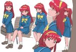  1girl ankle_socks bag bangs bow fujisaki_shiori hairband holding holding_bag kirameki_high_school_uniform loafers long_hair long_sleeves looking_up multiple_views red_eyes red_hair retro_artstyle school_uniform serafuku shoes sitting sitting_on_bench skirt socks tokimeki_memorial tokimeki_memorial_1 tsubobot yellow_bow 