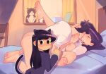  1boy 1girl animal_ears artist_name barefoot black_hair cat_ears cat_tail censored chalkboard character_censor closed_eyes commentary english_commentary feet hetero hug implied_sex indoors komi-san_wa_komyushou_desu komi_shouko leg_up missionary nipples no_mouth novelty_censor on_bed soles squeezable_(artist) stuffed_animal stuffed_cat stuffed_toy tadano_hitohito tail toes 