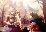  1boy 1girl ayla_(chrono_trigger) blonde_hair blue_eyes breasts cape chrono_trigger closed_mouth club_(weapon) curly_hair frog_(chrono_trigger) long_hair looking_at_viewer mountain nanpou_(nanpou0021) navel smile sword tree weapon 