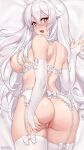  1girl artist_name ass bed_sheet blush bottomless bra breasts bridal_gauntlets brown_eyes commentary cupless_bra dakimakura_(medium) elbow_gloves english_commentary frilled_bra frilled_garter_belt frilled_panties frills garter_belt gloves heart heart-shaped_pupils highres iwbitu large_breasts lingerie long_hair looking_at_viewer lying nyopu on_stomach original panties pussy smile solo symbol-shaped_pupils thighhighs underwear underwear_only white_bra white_garter_belt white_gloves white_hair white_legwear 