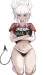  1girl alternate_costume black_panties black_shirt blush breasts crossed_arms demon_girl demon_horns english_text eyebrows eyebrows_visible_through_hair helltaker highres horns kneeling large_breasts lucifer_(helltaker) mega_milk navel panties rakeemspoon red_eyes red_sleeves shirt tied_hair two-tone_shirt underwear white_background white_hair white_horns 