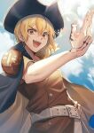  1boy :d bangs black_headwear blonde_hair brown_eyes brown_jacket cape cloud day dr._stone eyebrows_visible_through_hair grey_cape hair_between_eyes hat jacket lens_flare looking_at_viewer male_focus nanami_ryuusui nanase_(nns_6077) outdoors pirate_hat shiny shiny_hair short_hair short_sleeves smile solo 