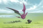  alternate_color animal_focus cloud crobat day eye_contact flying grass highres looking_at_another no_humans outdoors pokemon pokemon_(creature) shiny_pokemon sky two_pokemon umbreon 