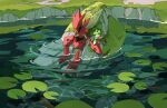  arm_support closed_eyes day fomantis highres lily_pad moss no_humans outdoors pincers pokemon pokemon_(creature) rock scizor sitting soaking_feet two_pokemon water 