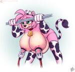  accessory amy_rose animal_print anthro big_breasts blush bodily_fluids bovid_horn bovine_horn breast_milking breasts clothed clothing collar cow_horn cow_print cowbell digital_media_(artwork) drxii eulipotyphlan female footwear fur gloves green_eyes hair handwear hanging_belly hanging_breasts headband hedgehog hi_res horn huge_breasts lactating legwear machine mammal milk milking_machine nipples pink_body pregnant sega simple_background socks solo sonic_the_hedgehog_(series) suction_cup thigh_highs thigh_socks video_games 
