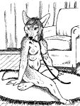 1998 anthro black_and_white breasts canid canine canis carpet curtains female furniture leash mammal manawolf monochrome multi_breast sitting sofa solo solo_focus wolf 