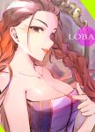  1girl apex_legends bare_shoulders black_eyes braid breasts brown_hair character_name cleavage collarbone eyeshadow gradient_hair large_breasts lipstick loba_(apex_legends) makeup mirror multicolored_hair parted_lips peso_(honopesopeso) portrait red_eyeshadow red_hair red_lips smile solo twin_braids v 