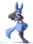  2022 absurd_res ambiguous_gender anthro black_body blue_body blue_ears blue_fur blue_tail full-length_portrait fur hi_res looking_at_viewer lucario monotone_tail multicolored_body multicolored_fur nakios nintendo pok&eacute;mon pok&eacute;mon_(species) portrait red_eyes shadow simple_background solo video_games white_background yellow_body yellow_fur 