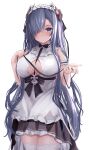  1girl apron august_von_parseval_(azur_lane) august_von_parseval_(the_conquered_unhulde)_(azur_lane) azur_lane between_breasts black_dress breasts clothing_cutout cross-laced_dress curled_horns dress frilled_apron frills hair_over_one_eye highres horns large_breasts long_hair mechanical_horns official_alternate_costume purple_eyes purple_hair simple_background sleeveless sleeveless_dress solo standing strap_between_breasts thighhighs two-tone_dress underboob_cutout very_long_hair white_apron white_background white_dress white_legwear yuuki_shuri zettai_ryouiki 