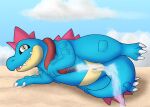  absurd_res alligator alligatorid anus blue_body blue_scales claws cloud conditional_dnp crocodilian fangs female feral feraligatr genitals happy hi_res hose itsdraconix looking_at_viewer lying nintendo on_ground on_sand on_side orange_eyes outside pok&eacute;mon pok&eacute;mon_(species) presenting pussy reptile sand scales scalie sky solo teeth tongue video_games water 