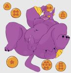  2022 absurd_res angusart anthro anus belly bodily_fluids butt champa domestic_cat dragon_ball dragon_ball_(object) dragon_ball_super felid feline felis genital_fluids genitals hi_res humanoid_genitalia humanoid_hands humanoid_penis lying male mammal moobs navel nipples overweight overweight_male penis precum purple_body solo tongue tongue_out 