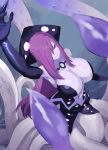  1girl arm_up armpits arqa bare_shoulders black_gloves blurry blurry_foreground breasts cleavage colored_skin elbow_gloves english_commentary gloves hair_over_one_eye kraken_(monster_girl_encyclopedia) large_breasts long_hair monster_girl monster_girl_encyclopedia navel purple_eyes purple_hair purple_skin scylla solo suction_cups tentacles 