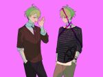  2boys :d amami_rantarou bangs black_pants bracelet brown_jacket brown_pants collarbone cowboy_shot danganronpa_(series) danganronpa_v3:_killing_harmony dual_persona frown green_hair hair_over_one_eye hand_in_pocket hand_up highres jacket jewelry leonham_(ila_55555) looking_at_another male_focus messy_hair multiple_boys necklace necktie official_alternate_costume pants pink_necktie shirt short_hair smile striped striped_necktie striped_sweater sweater white_shirt 