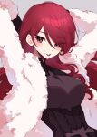  1girl absurdres bangs black_corset breasts coat corset emi_star english_commentary fur_coat grey_background hair_behind_ear highres kirijou_mitsuru large_breasts leaning_back long_hair parted_lips persona persona_3 persona_4:_the_ultimate_in_mayonaka_arena red_eyes red_hair smile solo upper_body white_coat 