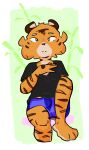  anthro bulge clothing cummiestiger felid hi_res male male/male mammal pantherine shaded shirt simple_background simple_shading slim solo tiger topwear underwear 