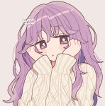  1girl bangs blush highres long_hair nokanok open_mouth original purple_eyes purple_hair simple_background solo sweater symbol-only_commentary white_sweater 