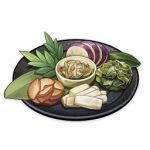  artist_request bowl carrot commentary english_commentary food food_focus genshin_impact leaf lowres muted_color no_humans official_art plate radish still_life third-party_source transparent_background vegetable 