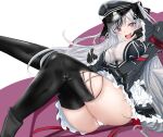 1girl ass azur_lane black_dress black_footwear black_gloves black_hair black_headwear black_legwear dress elbe_(azur_lane) feet_out_of_frame frilled_dress frills gloves hat highres layered_dress leotard long_hair looking_at_viewer lying multicolored_hair on_back open_mouth peaked_cap purple_eyes simple_background sitting skindentation solo streaked_hair thighhighs two-tone_hair very_long_hair vintorez939 white_background white_hair white_leotard 